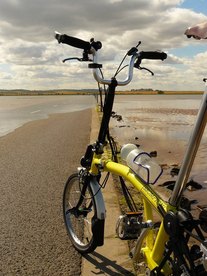 Brompton T6 on Holy Island Causeway